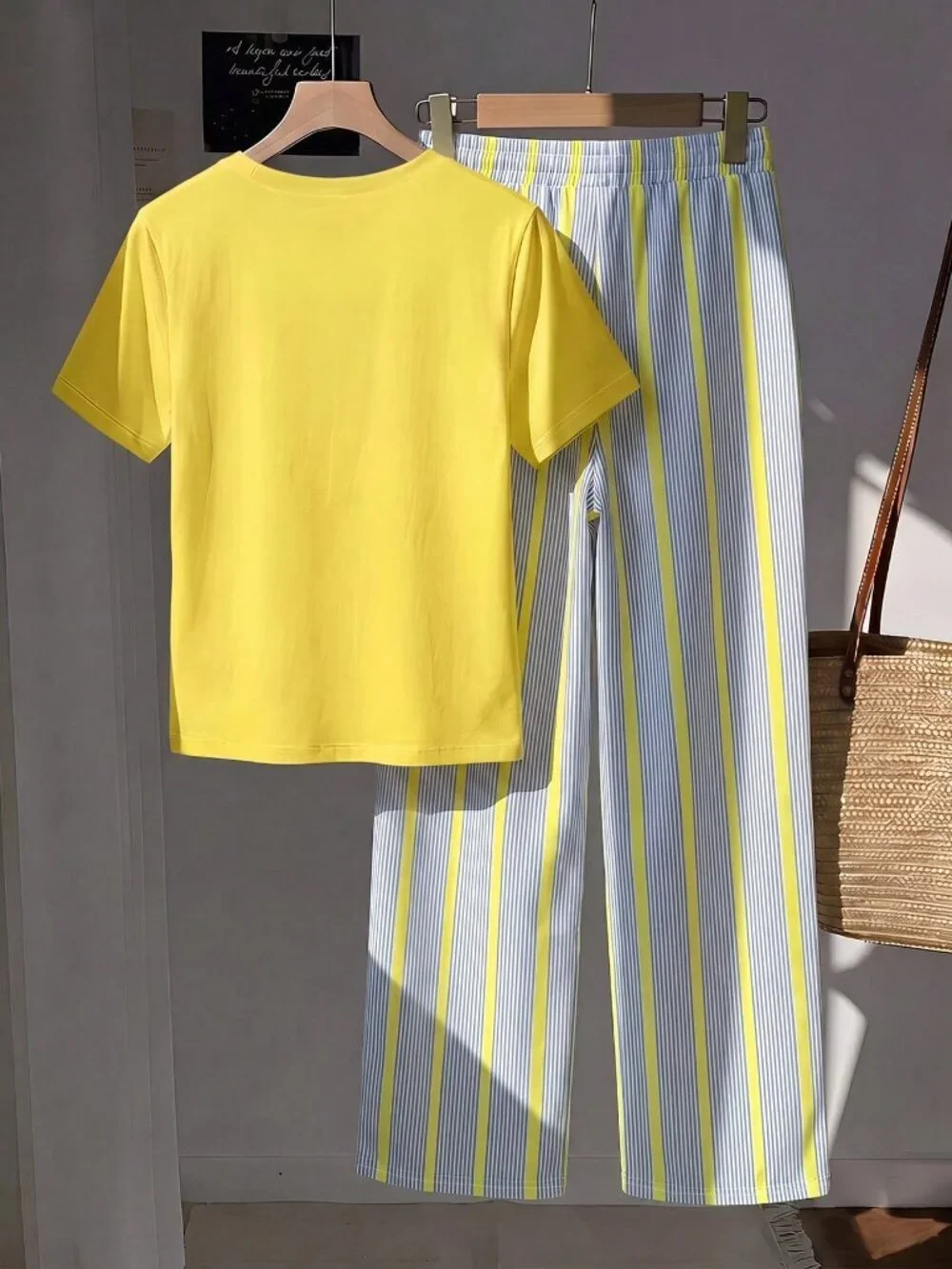 Multicolor Casual Women's Short Sleeve Top & Striped Pants Set